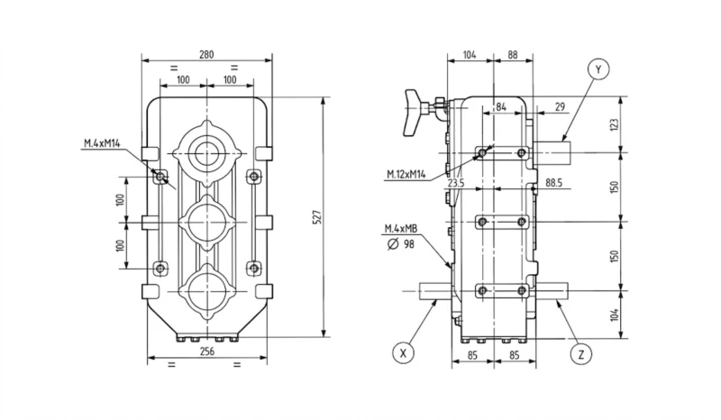 Horizontal feed mixer planetary gearbox structure