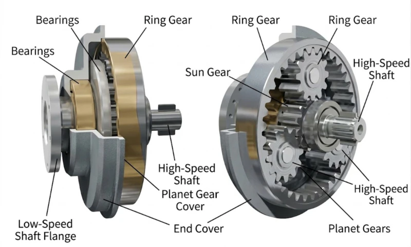 S-Series Inline Planetary Gearbox internal gear structure — carburised and profile-ground sun gear, planet gears and ring gear for heavy-duty industrial applications